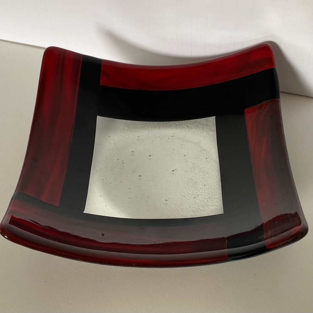 Fused Art Glass Square Bowl Plate Trinket Candy Dish 7.5” Handmade Red plate EUC